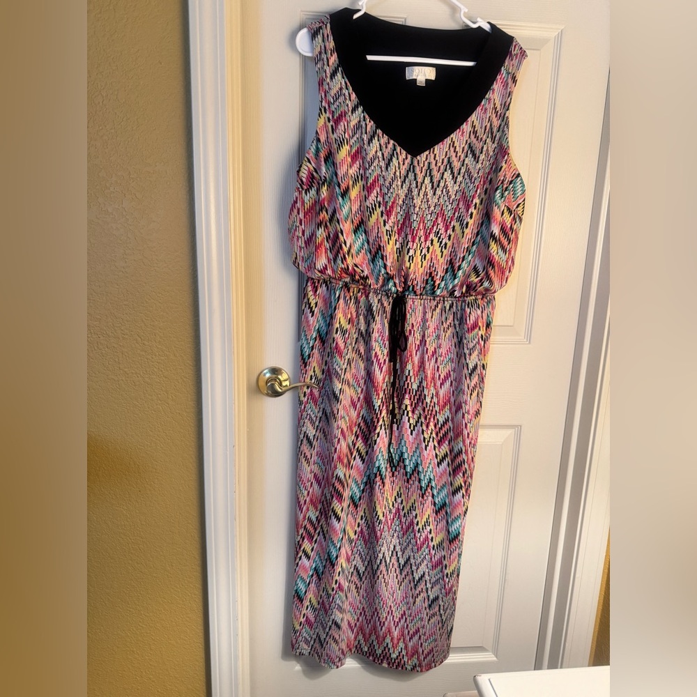 Soho Multicolor Chevron Maxi Dress in Pink, Teal, Black & Cream